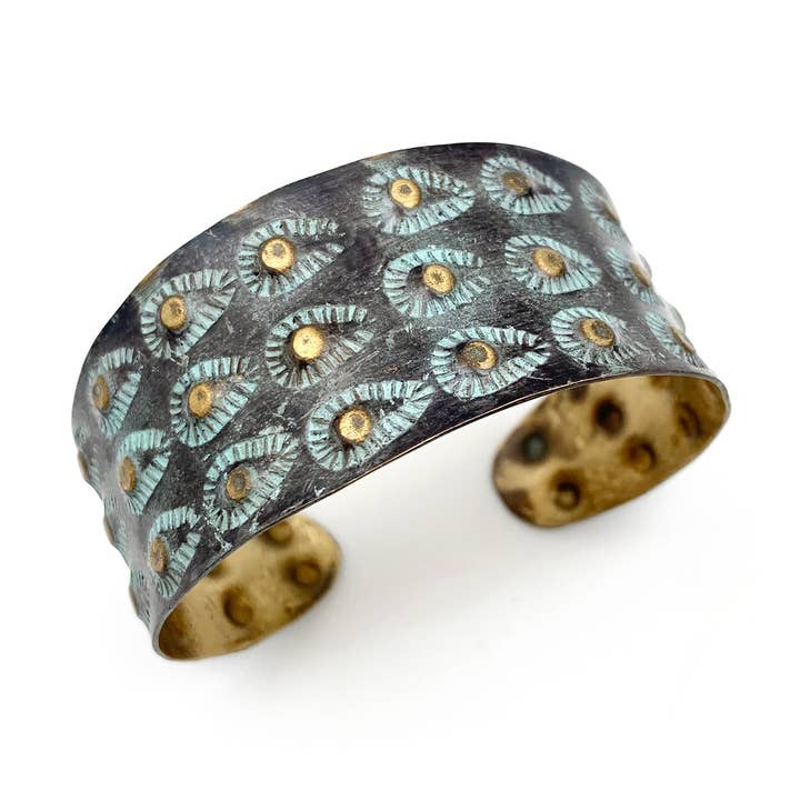 Anju Jewelry - Wholesale Cuff Bracelet - Brass Patina Bracelet - Aqua on Brown Teardrops and Dots0