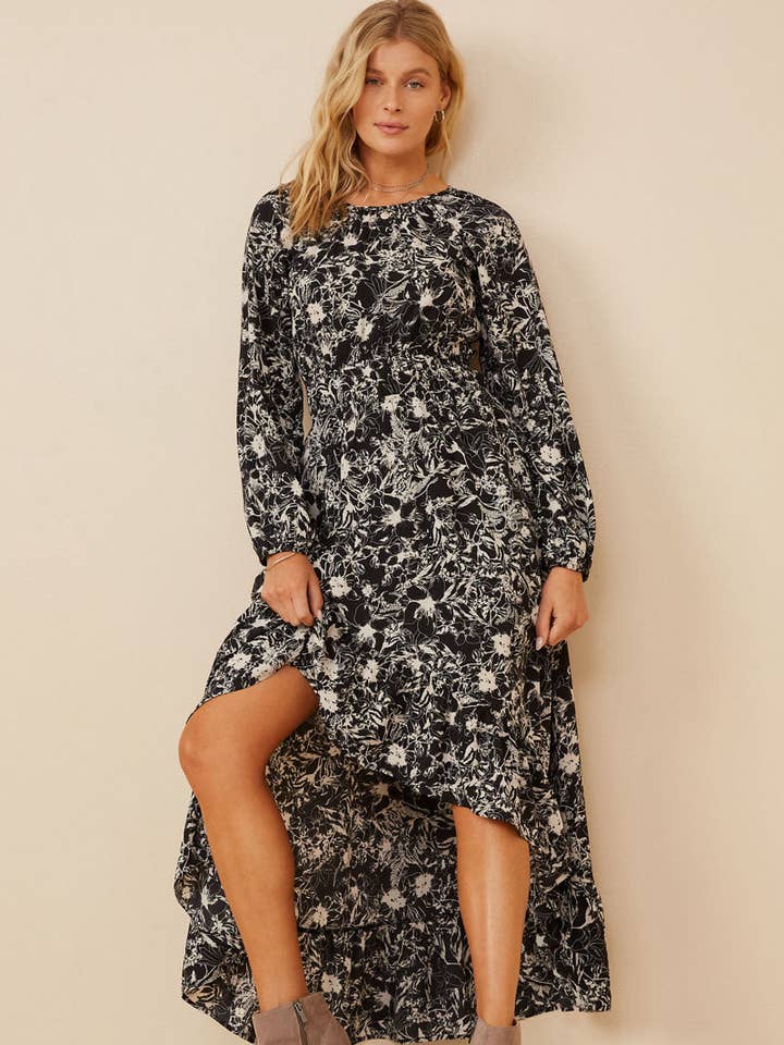 Womens One Tone Floral Print Asymmetric Hem Maxi Dress for wholesale by Hayden LA