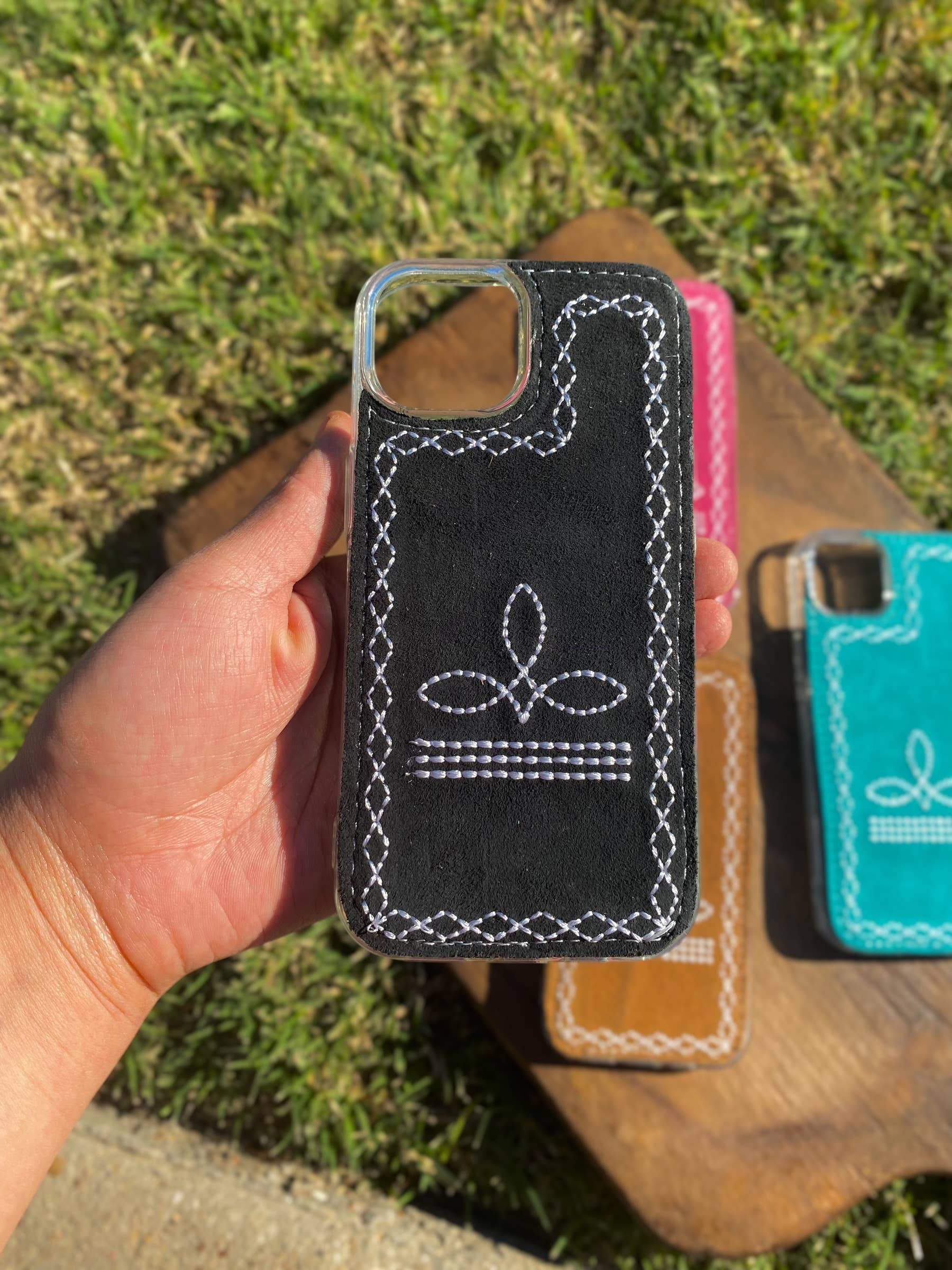 Western Linens - Wholesale Phone Case - Women's - Pink Boot-Stitch Suede Leather Phone Case 0