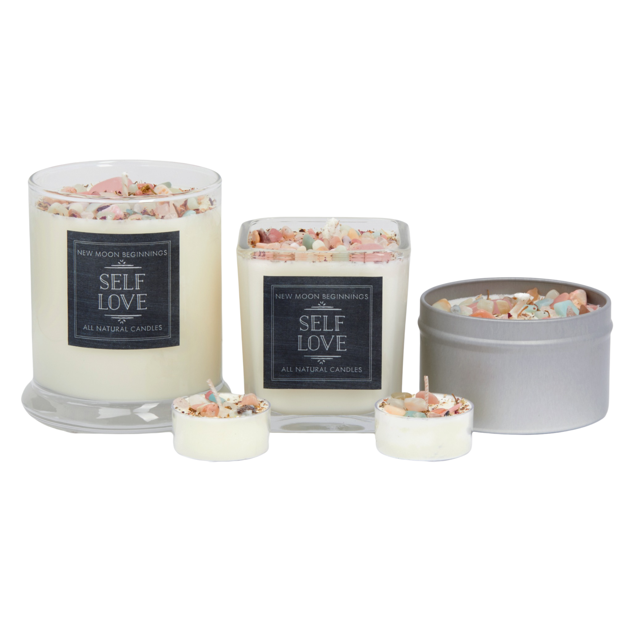 New Moon Beginnings - Wholesale Jar/Filled Candle - Self Love Candle - Dried Flower, Herb, & Crystal Candles2