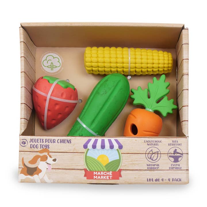 4 Pack Rubber Dog Toy - Farm Market for wholesale by Dollar Paw