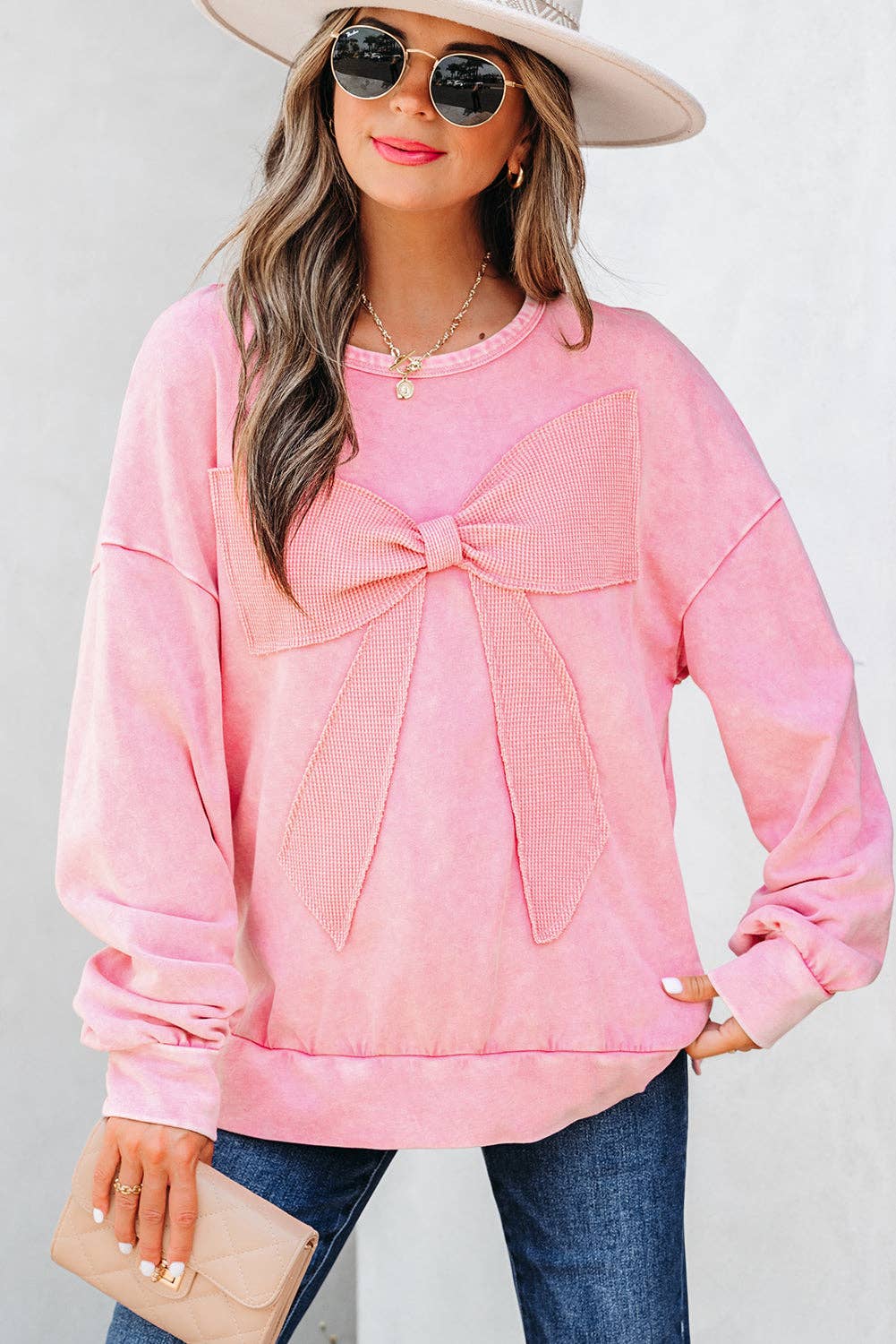 Lovesoft - Wholesale Sweatshirt - Women's - Orchid Bouquet Mineral Wash Big Bow Patchwork Pullover Sweatshirt9