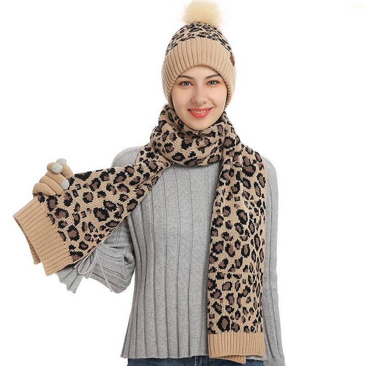 ShieldChic - Wholesale Winter Accessory Set - Women's - Leopard Print Warm Wool Hat Scarf Gloves Three-Piece Set9