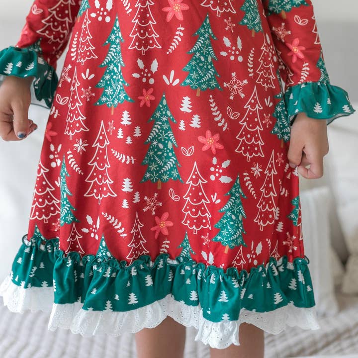 Oopsie Daisy - Wholesale Nightdress - Kids - Kids Red & Green Christmas Tree Ruffle Lounge Play Gown
