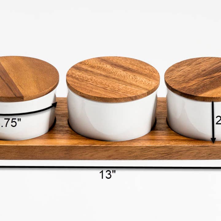 Kalmar Home - Wholesale Condiment/Dip Bowl - Ceramic Condiment Set on Acacia Wood Base5