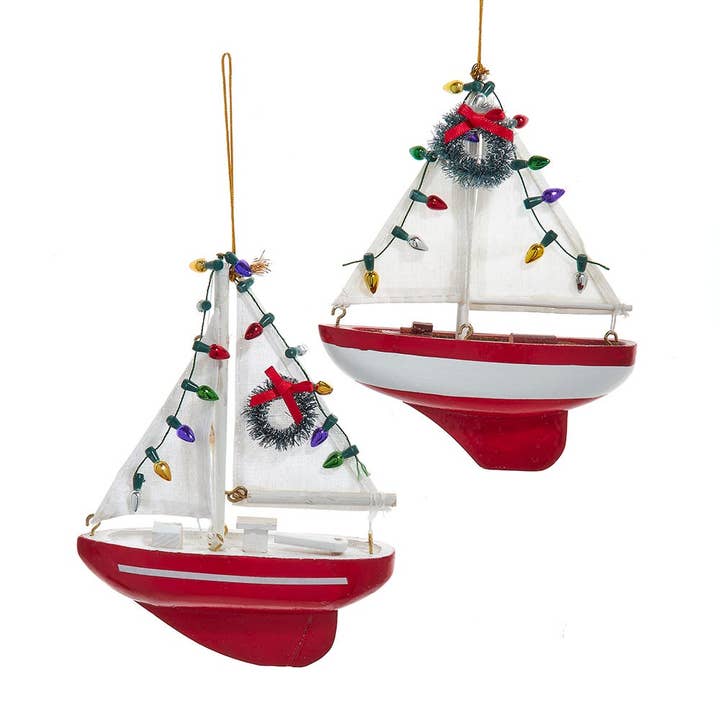 3.94"WDN RED SAILBOAT W/WREATH 2/A for wholesale by Kurt S. Adler, Inc.