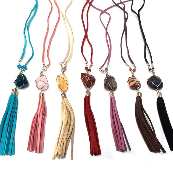 Pichincha - Wholesale Pendant/Charm Necklace - Wire Wrapped Stone Pendant Tassel Dangle Suede Necklace