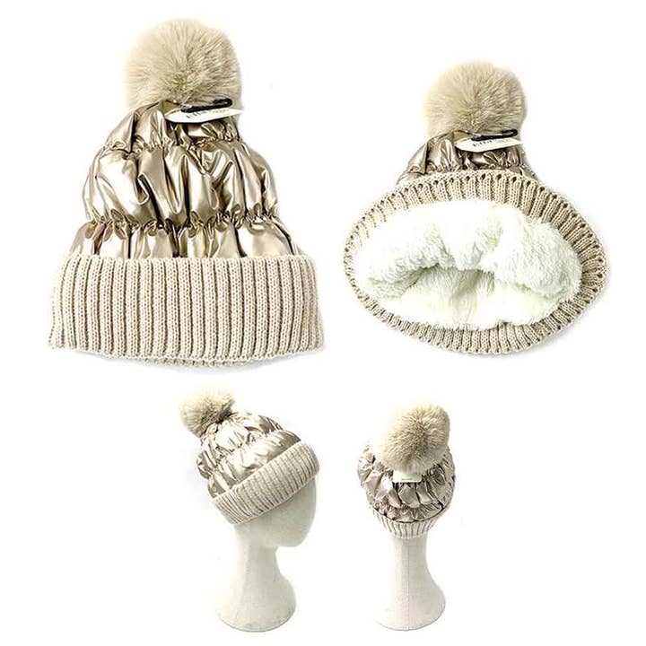 Sensibling Corp. - Wholesale Beanie - Women's - Fleece Lining Puffer Knit Pom Pom Beanie Hat
5