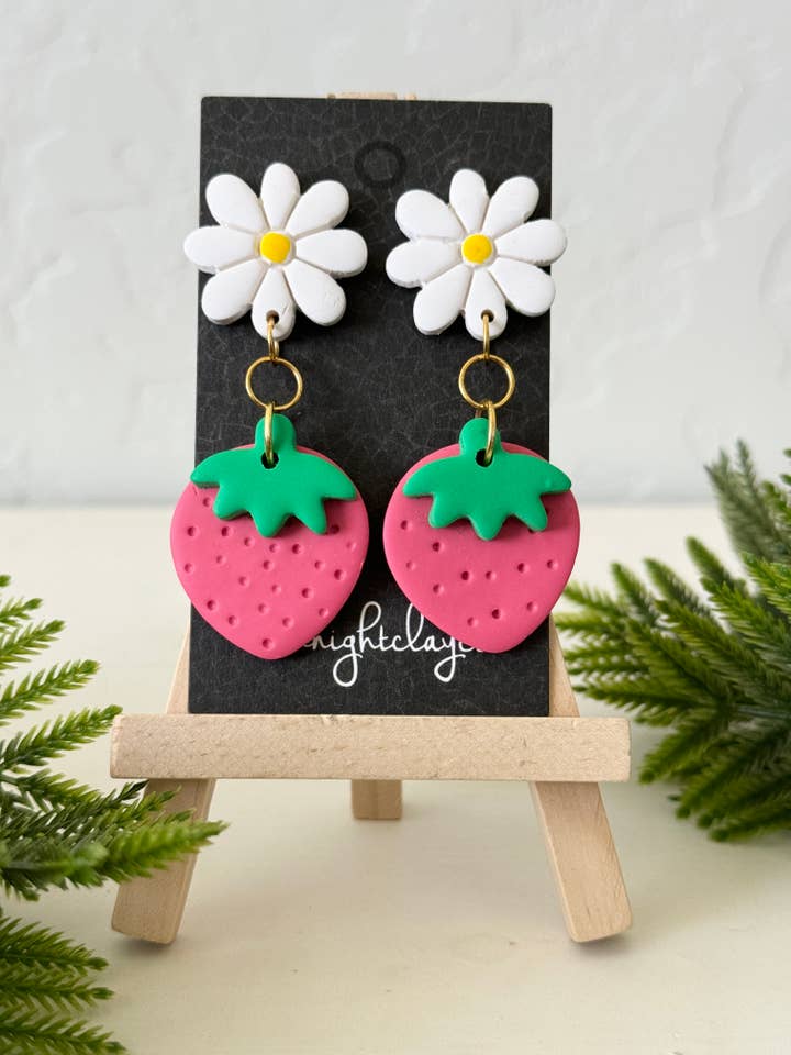 pink strawberry earrings, flower, summer, fun jewelry, fruit for wholesale by midnightclayco