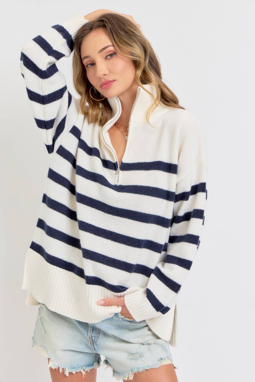 Sweet Lovely by Jen - Wholesale Knit Sweater - Women's - STRIPED ZIP-FRONT OVERSIZED PULLOVER KNIT SWEATER  1