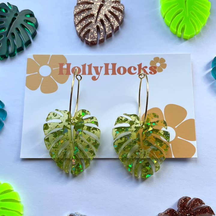 Tropical Leaf Hoop Acrylic Earrings for wholesale by HollyHocks Jewellery
