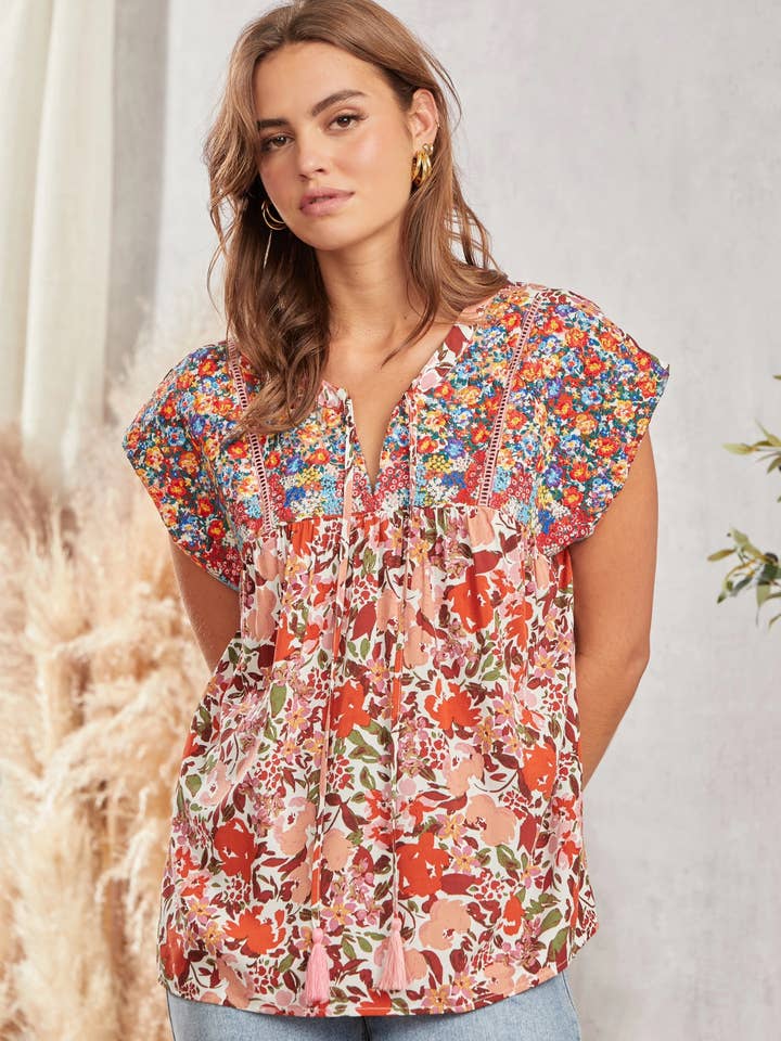 IVORY RUST Round Neck Printed Babydoll Top T12940-2 for wholesale on Faire