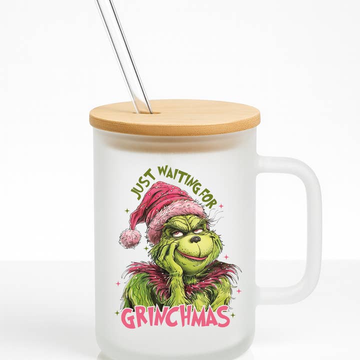 Just Waiting For Grinchmas 16 oz Frosted Glass Mug for wholesale by Grumpy Greetings Co.