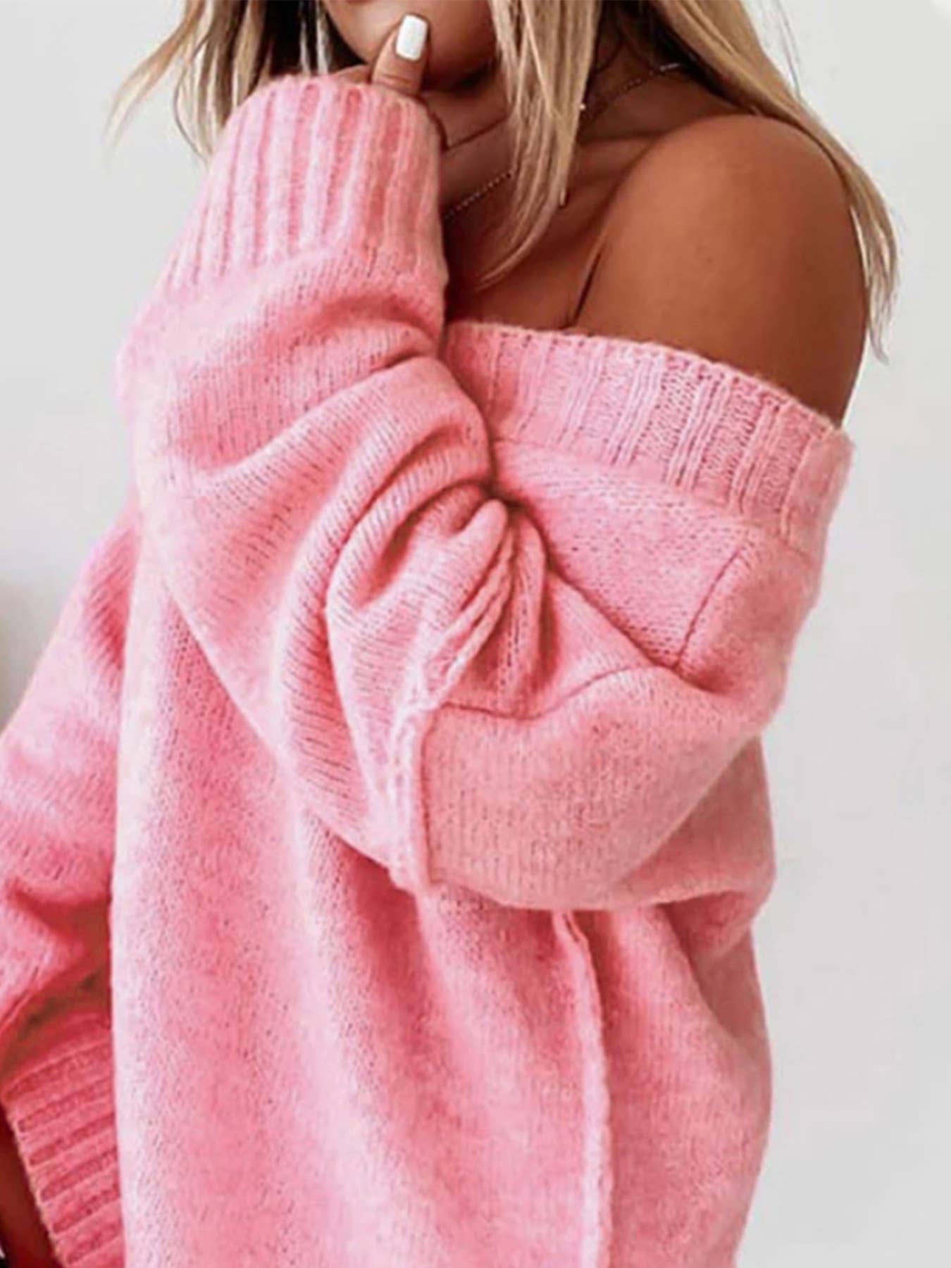 Pink Relaxed V-Neck Off-Shoulder Knit Sweater for wholesale on Faire4