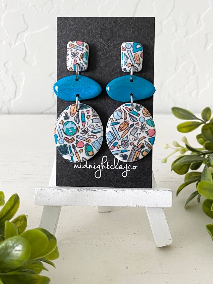 school earrings, teacher jewelry, back to school, cute, teal for wholesale by midnightclayco