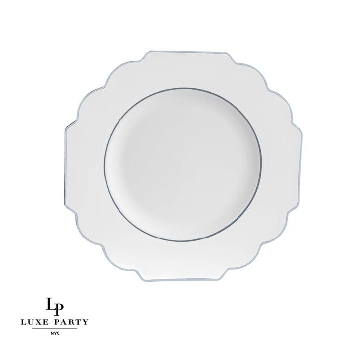 Luxe Party - Wholesale Disposable Plate - Scalloped Clear Base Silver • White Plastic Plates | 10 Pack
