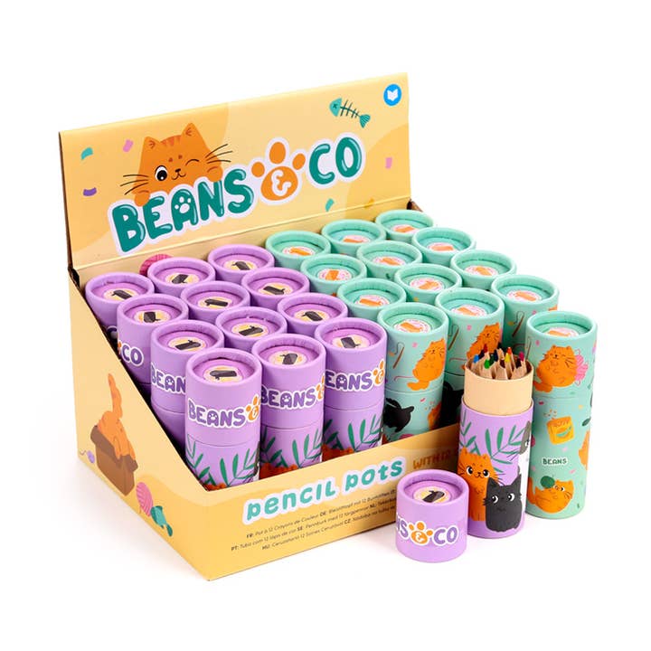 Beans & Co Cats Pencil Pot with 12 Colouring Pencils for wholesale by Puckator Ltd