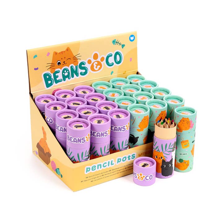 Beans & Co Cats Pencil Pot with 12 Colouring Pencils for wholesale by Puckator Ltd
