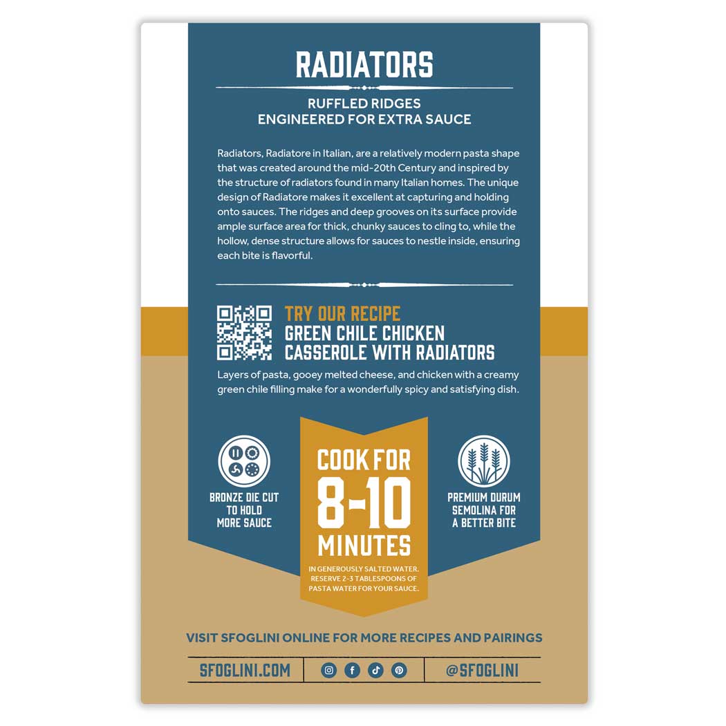 Sfoglini - Wholesale Pasta - Radiators, Organic Durum Semolina Pasta1