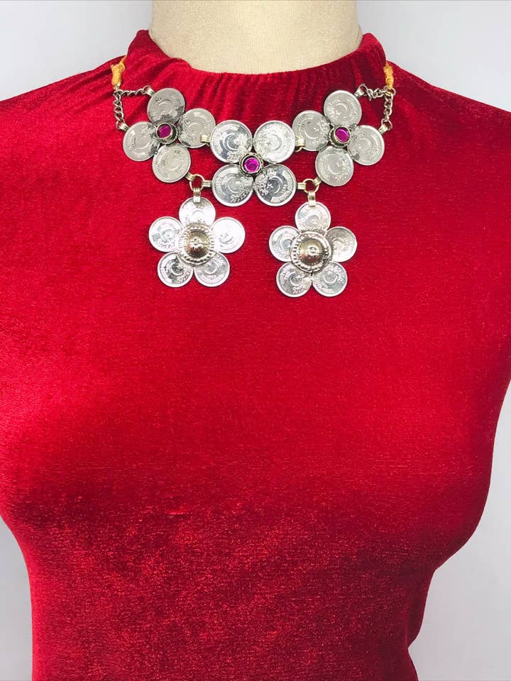 Colar gargantilha de moedas Kuchi de prata vintage artesanal por atacado de vintarust