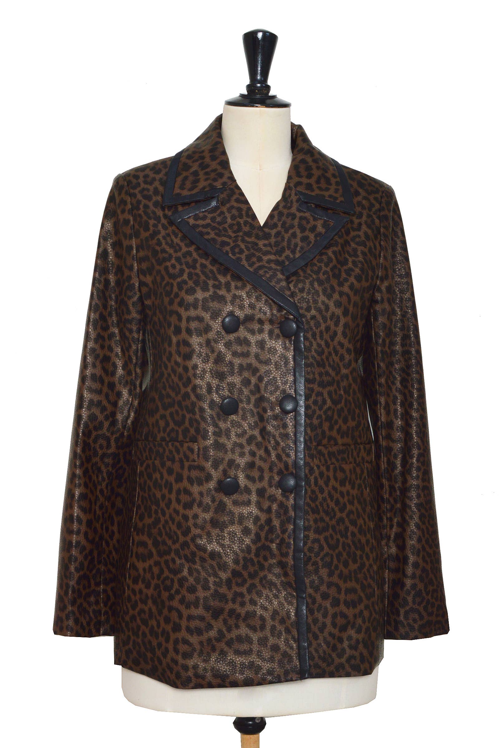 Brown Leopard faux leather blazer jacket with black trim for wholesale on Faire4