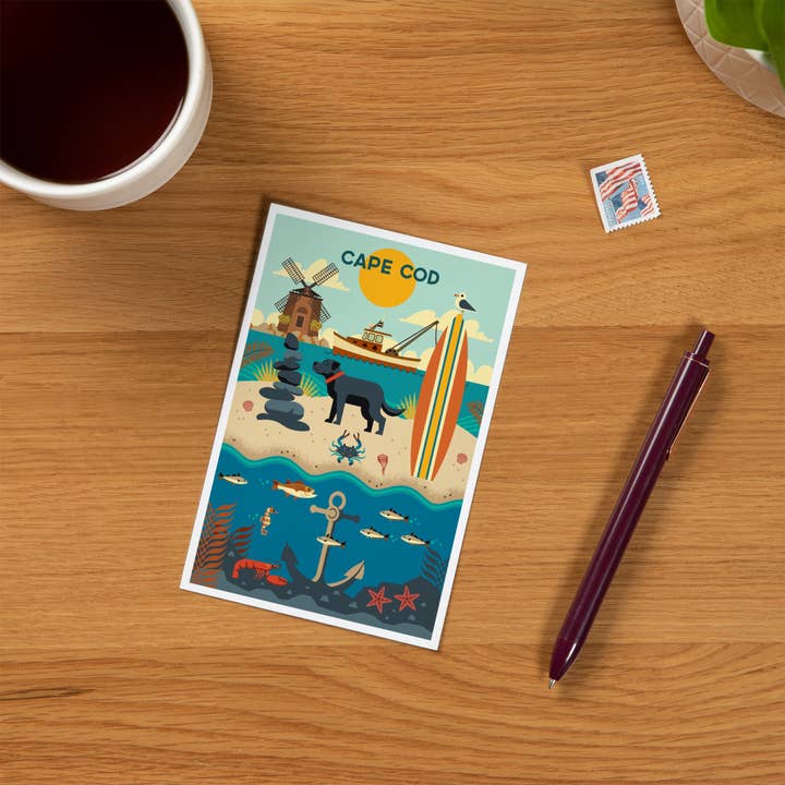 Lantern Press - Wholesale Postcard - PREMIUM POSTCARDS Cape Cod, Beach Geometric1