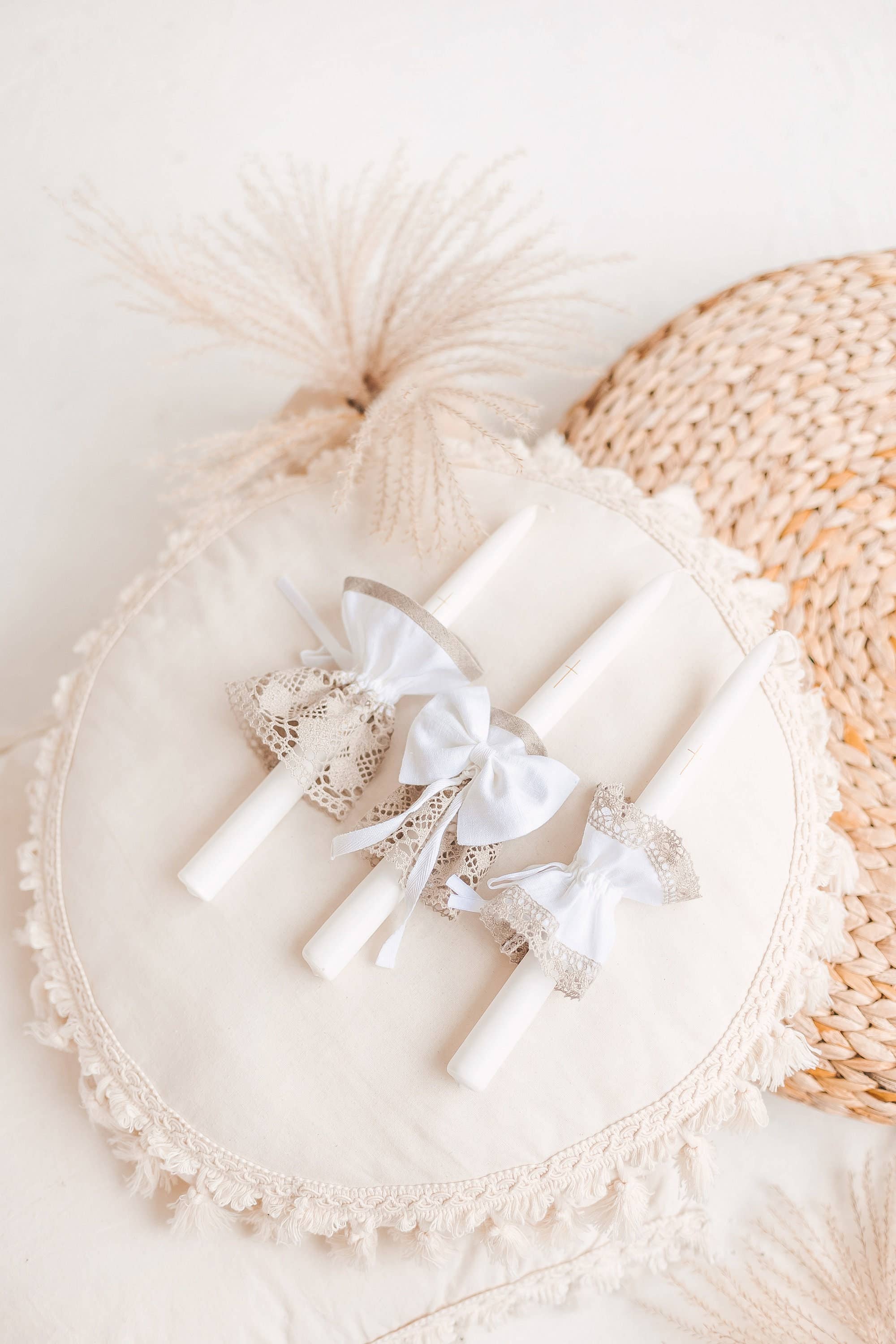 Matrinna - Wholesale Tapered Candle/Candlestick - White Baptism Candle with Linen Decoration and Golden Cross2