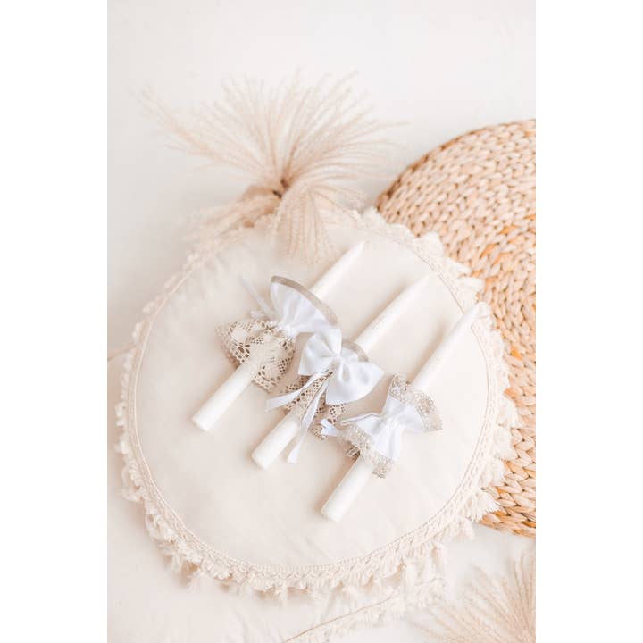 Matrinna - Wholesale Tapered Candle/Candlestick - White Baptism Candle with Linen Decoration and Golden Cross2