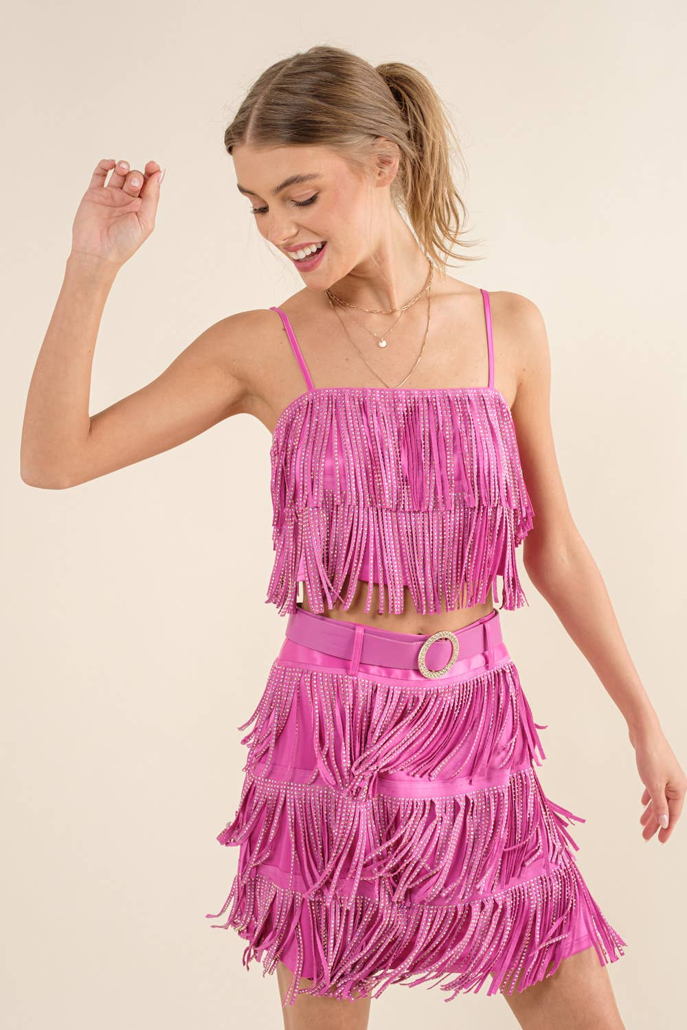 RED 32247T - Satin Base Studded Tiered Fringe Cami Top for wholesale on Faire8