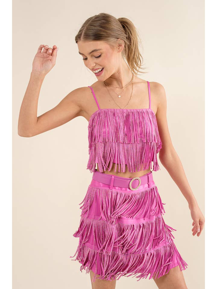 RED 32247T - Satin Base Studded Tiered Fringe Cami Top for wholesale on Faire8