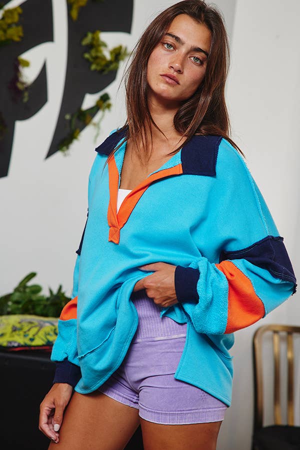 BUCKETLIST INC - Wholesale Tunic - Women's - T2004E French Terry Color-block Collared Loose Fit Top23