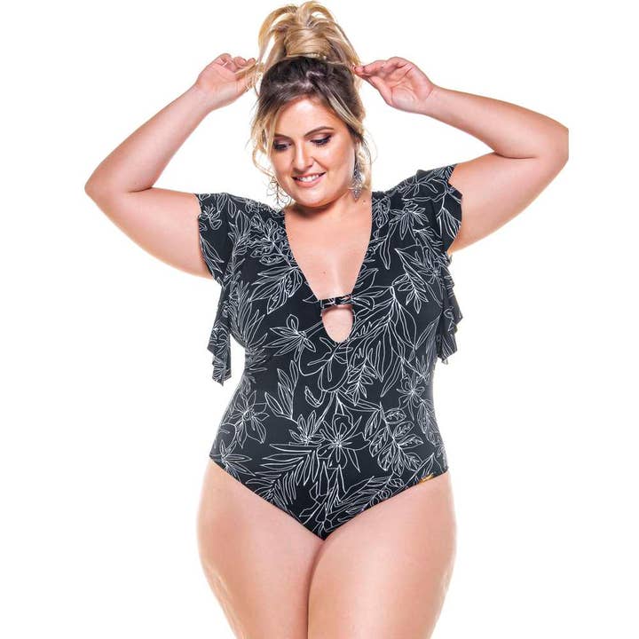 RUFFLE SHOULDER CUPPED BODYSUIT IN BLACK WHITE FLORAL PRINT for wholesale by Lehona