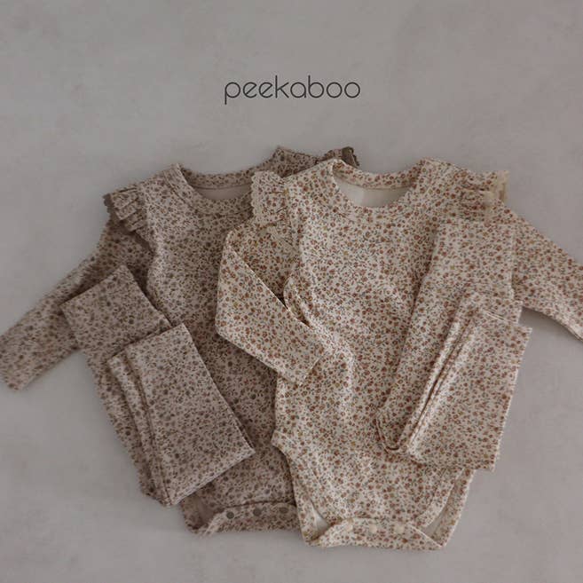 Rompertje met lange mouwen en broek voor babymeisjes met bloemenprint en hoofdband voor wholesale door peekaboo