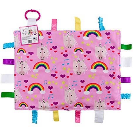 Unicorn Rainbow Hearts Taggy Blanket Learning Lovey 14" x 18 for wholesale by Baby Jack and Company