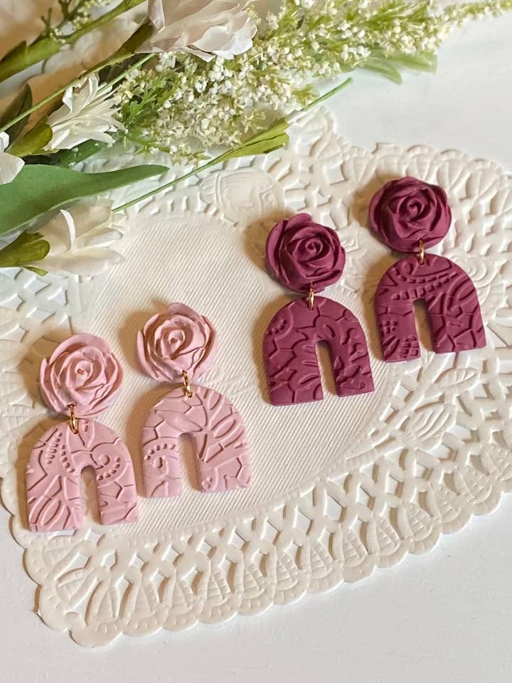 Rose & Lace Clay Earrings for wholesale by Clayhouse Colours