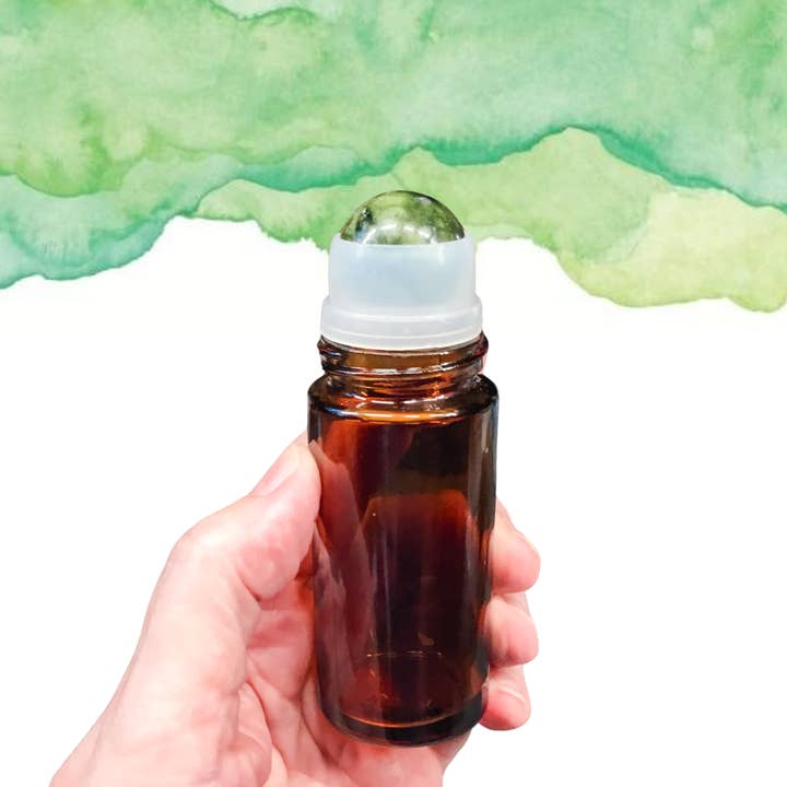 Essential Wellness - Body, Mind, Spirit - Wholesale Essential oil holder - 50ml Amber Glass Roller Bottle with Green Jade Rollerball1