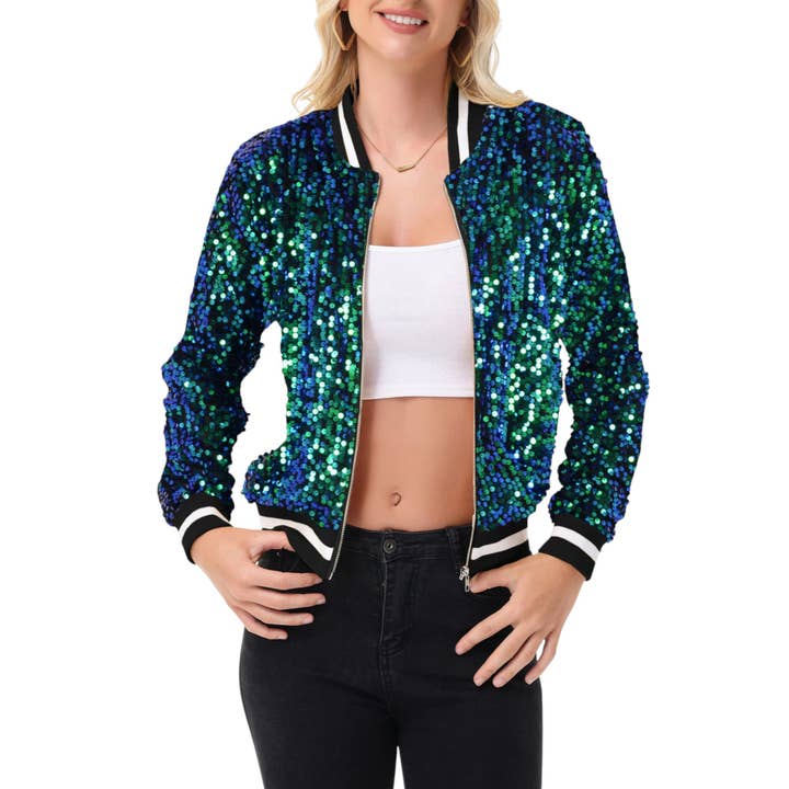 Anna Kaci Wholesale - Wholesale Bomber Jacket - Women's - Sequin Bomber Jacket with Ribbed Trim and Front Zipper Closure30