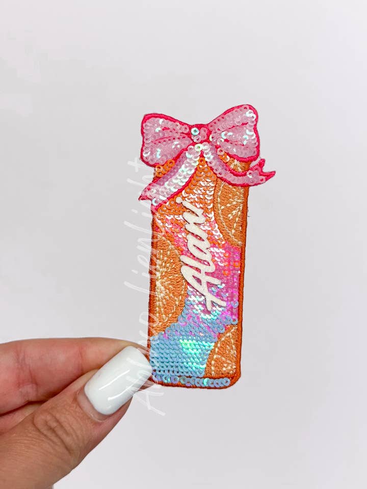 Small Alani Orange Energy Drink Sequin Patch for wholesale by ABLNco