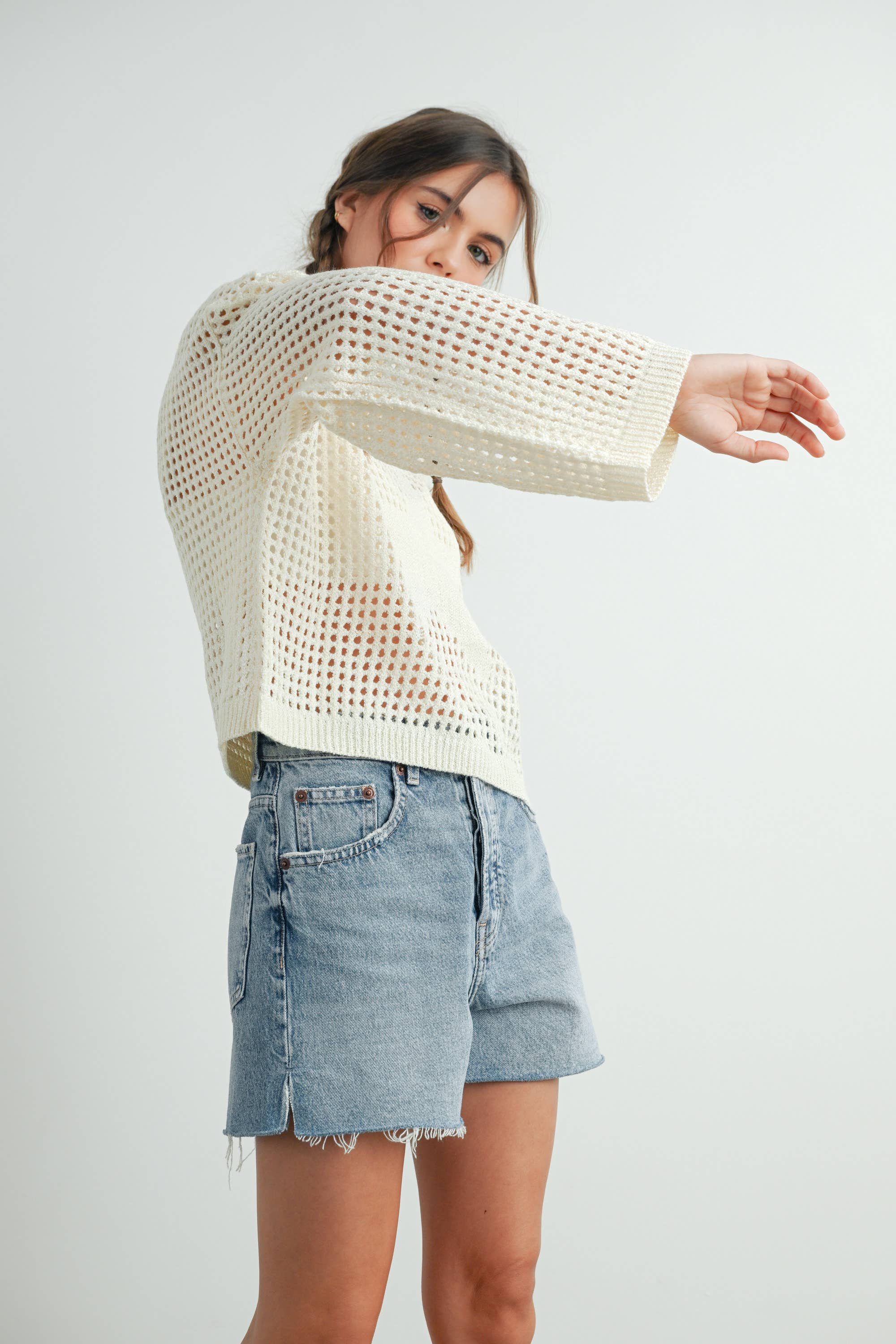 BUTTERMELON - Wholesale Knit Sweater - Women's - Crew Neck Crochet Sweater - BMW763329