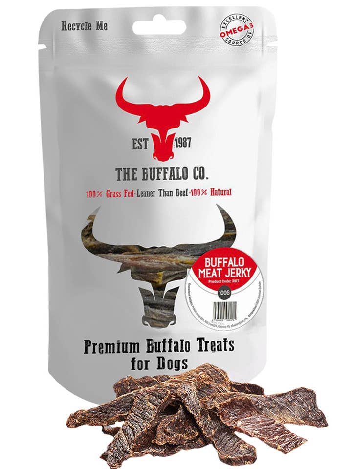 Dolcetti Jerky per cani con carne di bufalo, 100 g per la vendita all'ingrosso da parte di The Buffalo Co.