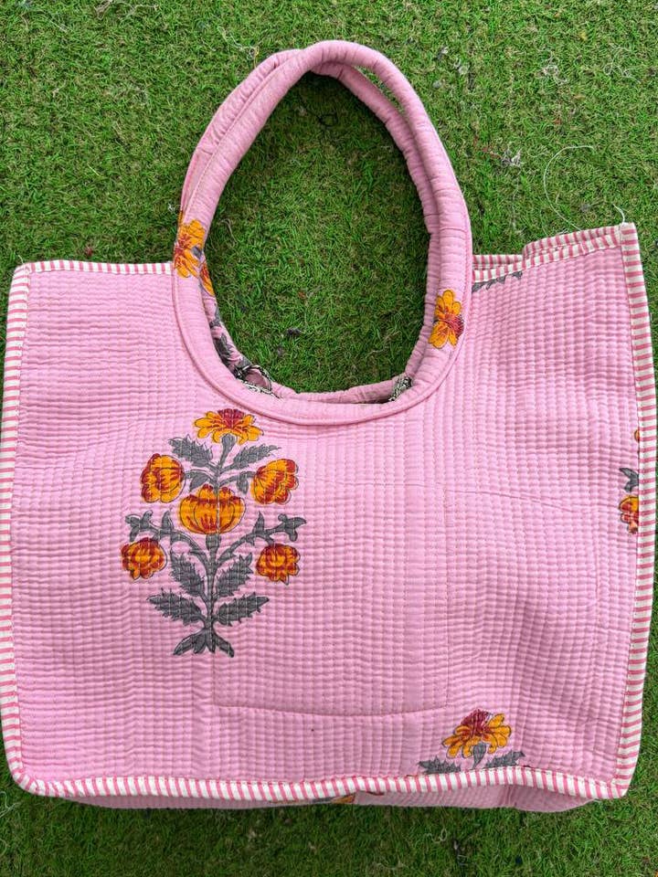 Light Pink Cotton Bag Quilted Jhola Bag Floral Printed Bags for wholesale by bhavnas boutique