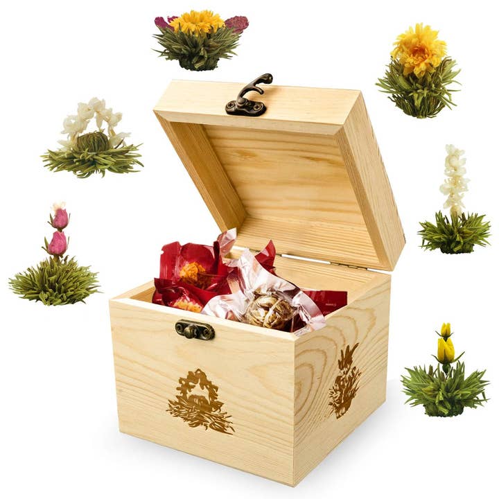 Creano - Wholesale Gift Box - Wooden decorative box, 6-piece blossom tea, white tea, 11.5 cm1