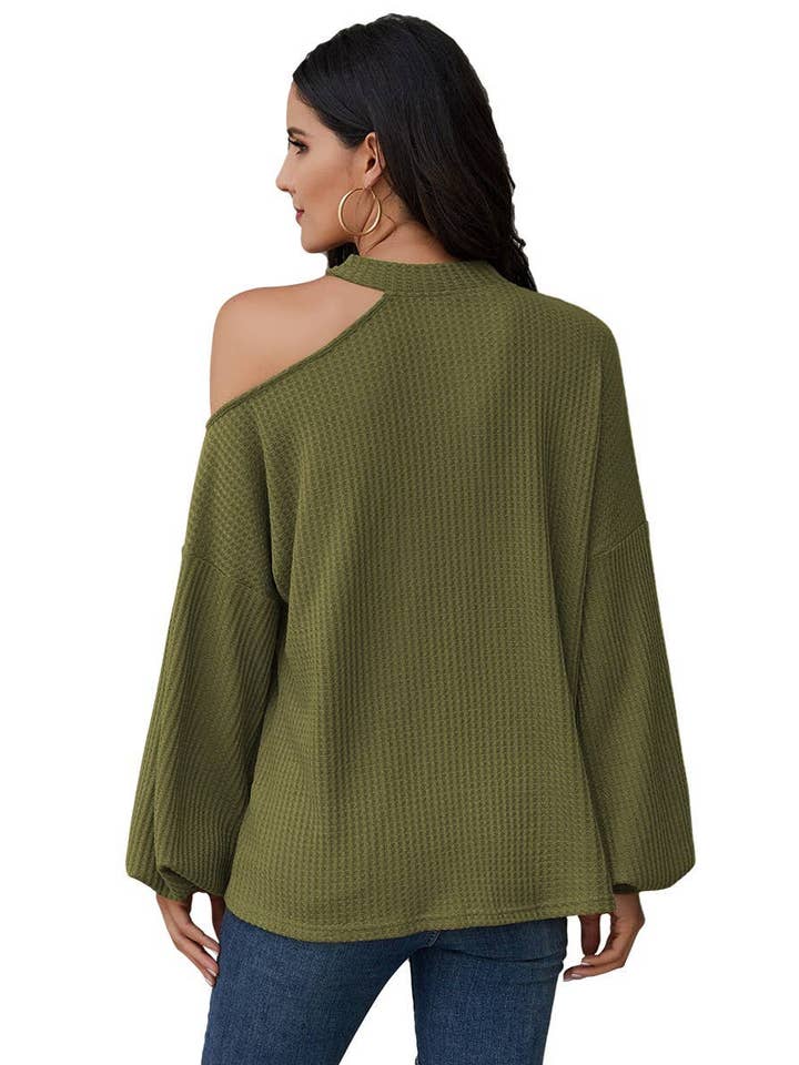 Olive Solid Crew Neck Open Shoulder Top - Clearance for wholesale on Faire1