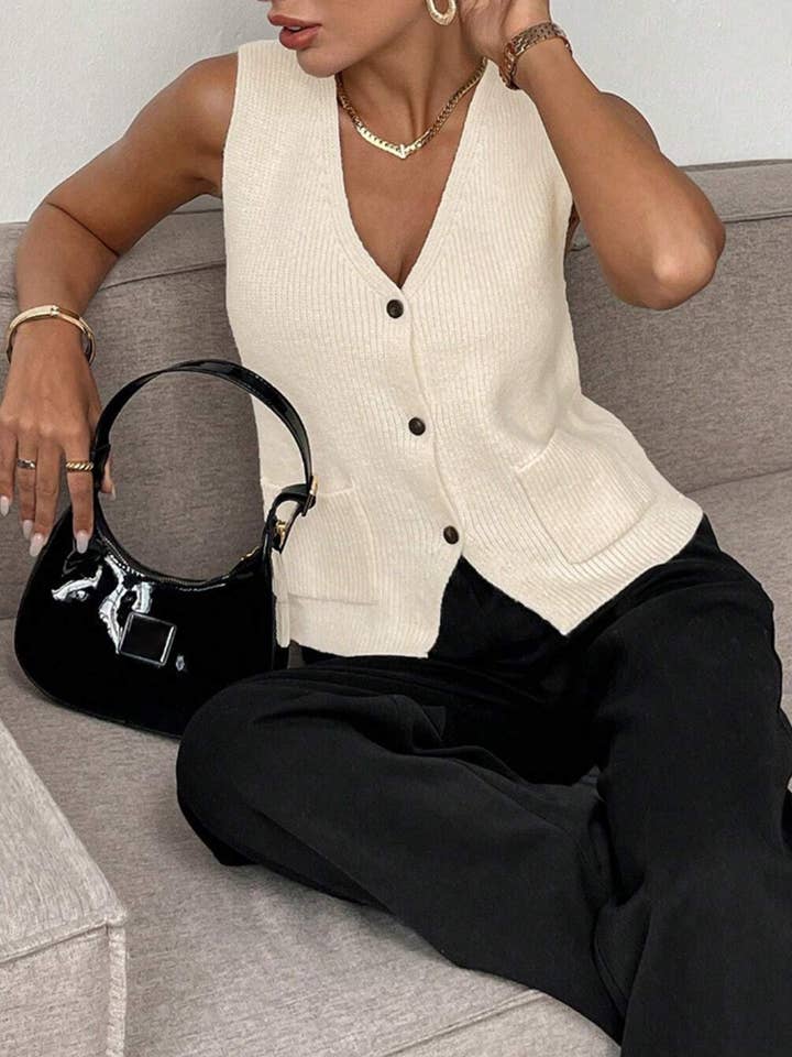 Beige Button Knit Vest with Pockets for wholesale on Faire
