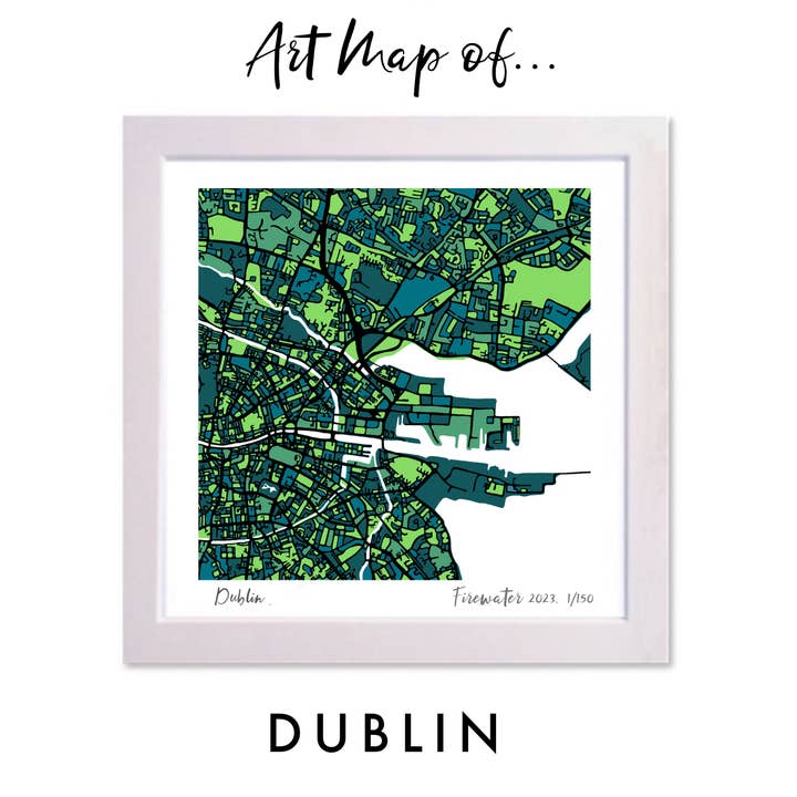 MAPA DE ARTE DE DUBLÍN, IRLANDA, DIBUJADO A MANO Y EDICIÓN LIMITADA para venta al por mayor de Firewater Gallery