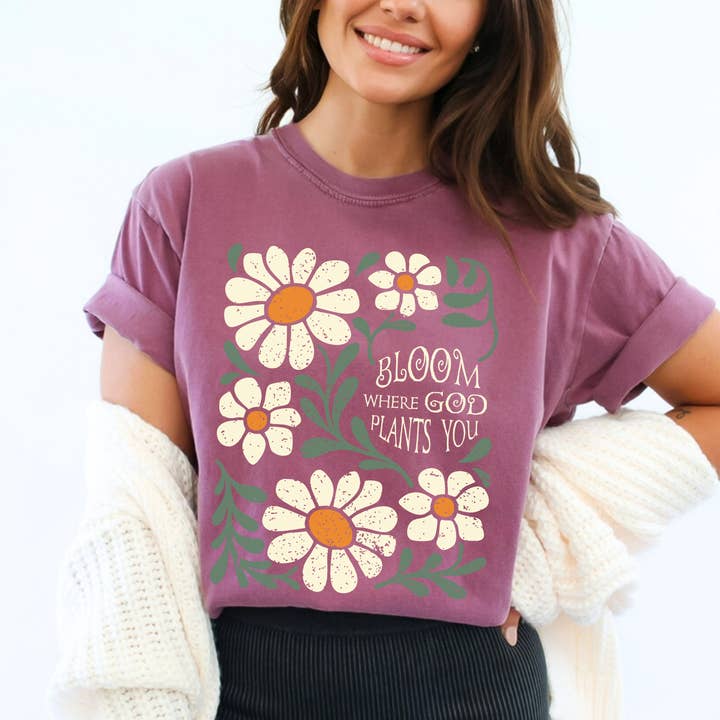 Scripted Pearl - Wholesale Screen Printed T-Shirt - Women's - Bloom Where God Plants You Comfort Colors Christian T Shirt6