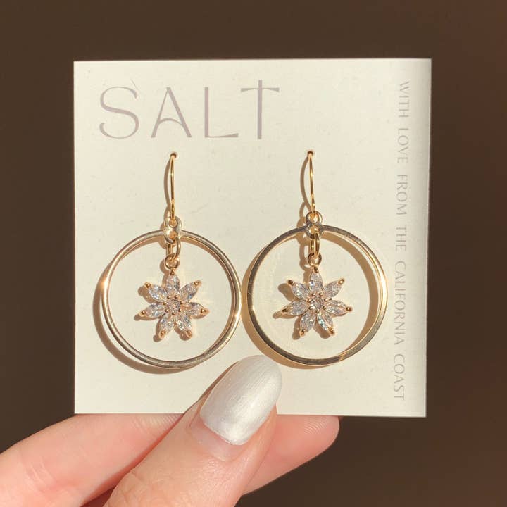 SALT by Sarah Curtis - Wholesale Dangle Earrings - CRYSTAL FLOWER HOOP EARRINGS | gold | sparkly earrings