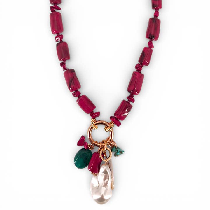 Red Coral & Pearl Charm Necklace | Coastal Statement Jewelry for wholesale by Bijoux Envie Statement Jewelry