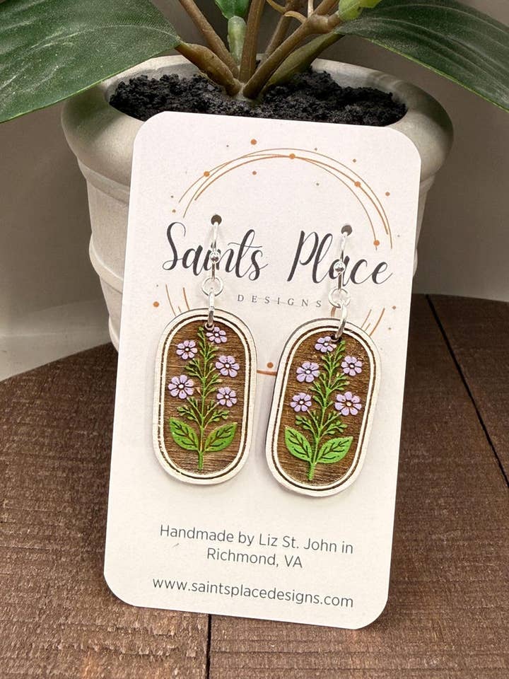 Oval Framed Floral Engraved Wood Earrings - Handcrafted Botanical Jewelry Gift for Women for wholesale by Saints Place Designs
