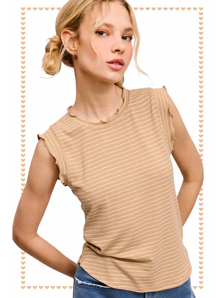 La Miel - Wholesale Tank Top - Women's - HCT7692-Stretchy Brushed Ruffle Sleeve Stripe Tank Top